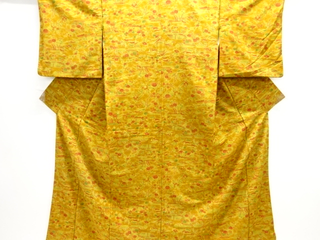 アンティーク　観世水に草花模様上代紬着物